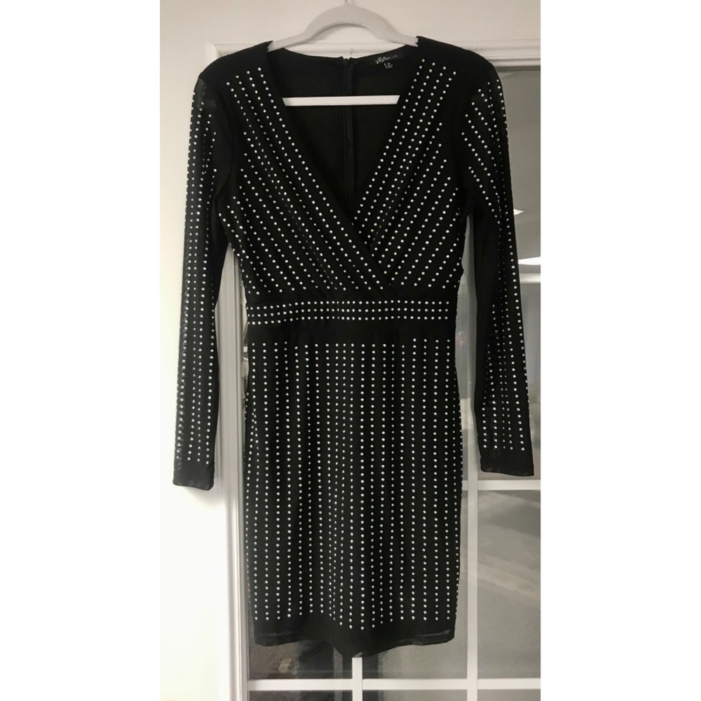 Women's‎ Classy Bling Sequined Black V Neck Long Sleeve Formal Mini Dress